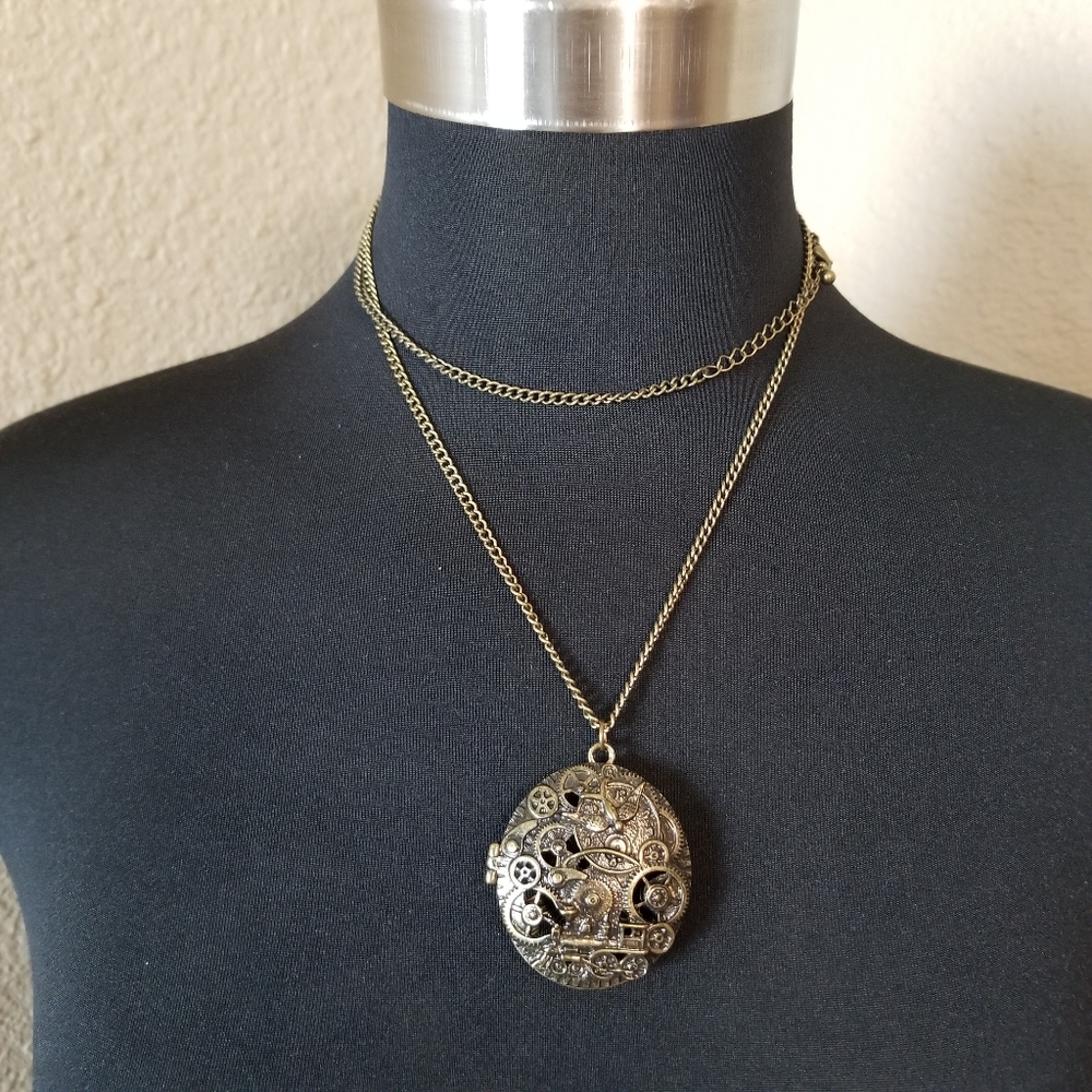 Brass Round Gears Locket Steampunk Necklace